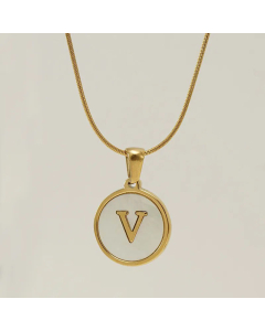 Fashion Round Letter Stainless Steel Plating Inlay Shell Pendant Necklace Colorza 