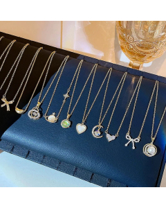 Fashion Inlay Artificial Pearls Rhinestones Geometric Letter Heart Shape Titanium Steel Necklace Colorza