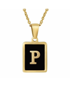 Fashion Letter Square Inlay Black Shell Titanium Steel Plating Pendant Necklace Colorza
