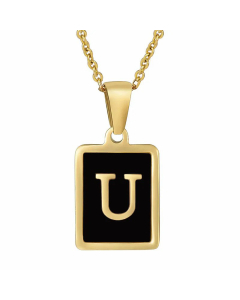 Fashion Letter Square Inlay Black Shell Titanium Steel Plating Pendant Necklace Colorza