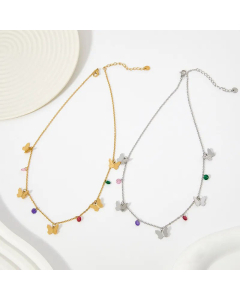 Retro Inlaid Colorful Zircon Butterfly Stainless Steel Necklace Colorza