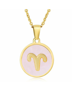 Fashion Round Constellation Inlaid Shell Titanium Steel Plating Pendant Necklace Colorza-Pink-Aries