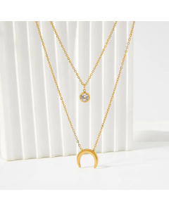 Fashion Inlay Zircon Moon Pendent Double Layer Stainless Steel Necklace