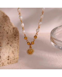 Retro Plating Sun Pendant Stainless Steel Pearl Chain Necklace