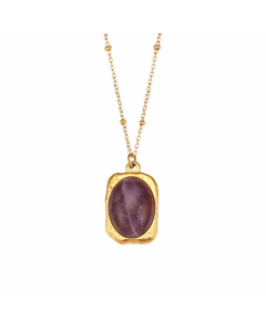 Vintage Style Plating Oval Natural Stone Pendant Stainless Steel Necklace-Gold Color-Purple