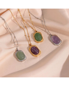 Vintage Style Plating Oval Natural Stone Pendant Stainless Steel Necklace