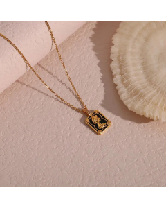 French Style Square Portrait Stainless Steel Gold Plated Pendant Necklace