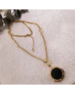 Black and White Double-Sided Round Titanium Steel Pendant Necklace Colorza