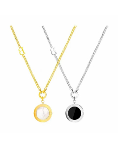 Black and White Double-Sided Round Titanium Steel Pendant Necklace Colorza
