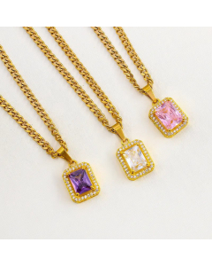 Minimalism Square Zircon Inlaid Stainless Steel Pendant Necklace