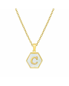 Simple Style Inlaid Shell Hexagon Letter Stainless Steel Pendant Necklace Colorza-White-C