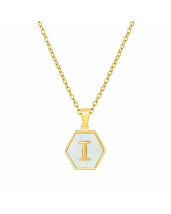 Simple Style Inlaid Shell Hexagon Letter Stainless Steel Pendant Necklace Colorza-White-I