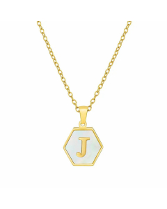 Simple Style Inlaid Shell Hexagon Letter Stainless Steel Pendant Necklace Colorza-White-J