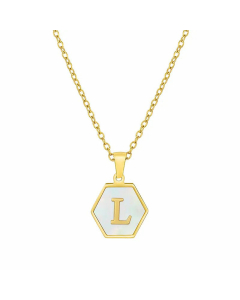 Simple Style Inlaid Shell Hexagon Letter Stainless Steel Pendant Necklace Colorza-White-L