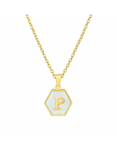 Simple Style Inlaid Shell Hexagon Letter Stainless Steel Pendant Necklace Colorza-White-P