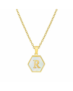 Simple Style Inlaid Shell Hexagon Letter Stainless Steel Pendant Necklace Colorza-White-R
