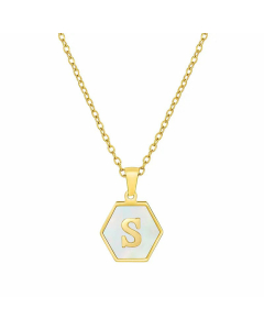 Simple Style Inlaid Shell Hexagon Letter Stainless Steel Pendant Necklace Colorza-White-S