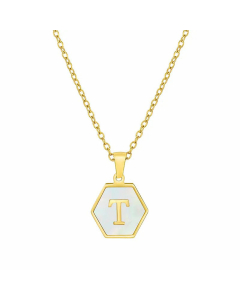 Simple Style Inlaid Shell Hexagon Letter Stainless Steel Pendant Necklace Colorza-White-T