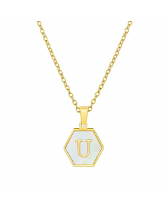 Simple Style Inlaid Shell Hexagon Letter Stainless Steel Pendant Necklace Colorza-White-U