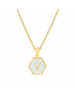 Simple Style Inlaid Shell Hexagon Letter Stainless Steel Pendant Necklace Colorza-White-V