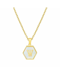 Simple Style Inlaid Shell Hexagon Letter Stainless Steel Pendant Necklace Colorza-White-W