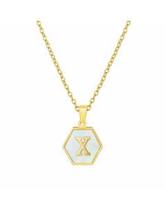 Simple Style Inlaid Shell Hexagon Letter Stainless Steel Pendant Necklace Colorza-White-X
