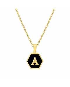 Simple Style Inlaid Shell Hexagon Letter Stainless Steel Pendant Necklace Colorza-Black-A