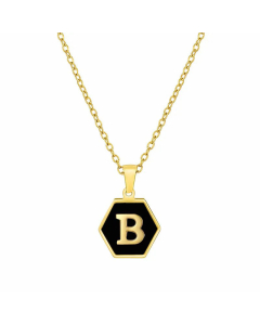 Simple Style Inlaid Shell Hexagon Letter Stainless Steel Pendant Necklace Colorza-Black-B