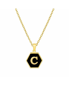 Simple Style Inlaid Shell Hexagon Letter Stainless Steel Pendant Necklace Colorza-Black-C