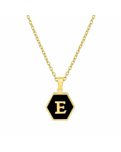 Simple Style Inlaid Shell Hexagon Letter Stainless Steel Pendant Necklace Colorza-Black-E
