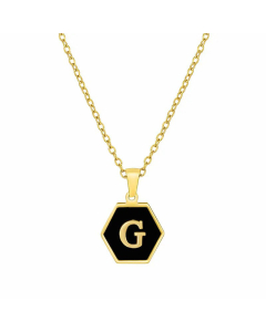 Simple Style Inlaid Shell Hexagon Letter Stainless Steel Pendant Necklace Colorza-Black-G