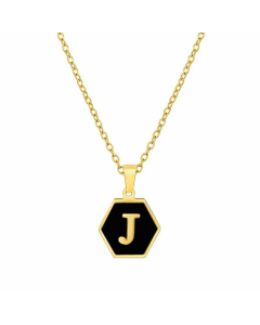 Simple Style Inlaid Shell Hexagon Letter Stainless Steel Pendant Necklace Colorza-Black-J