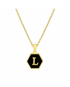 Simple Style Inlaid Shell Hexagon Letter Stainless Steel Pendant Necklace Colorza-Black-L