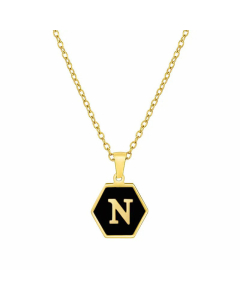Simple Style Inlaid Shell Hexagon Letter Stainless Steel Pendant Necklace Colorza-Black-N
