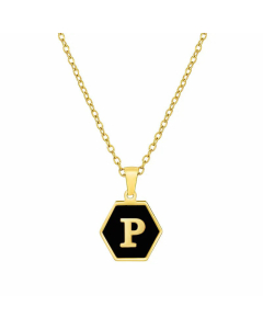 Simple Style Inlaid Shell Hexagon Letter Stainless Steel Pendant Necklace Colorza-Black-P