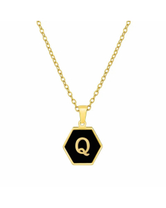 Simple Style Inlaid Shell Hexagon Letter Stainless Steel Pendant Necklace Colorza-Black-Q