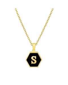 Simple Style Inlaid Shell Hexagon Letter Stainless Steel Pendant Necklace Colorza-Black-S