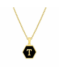 Simple Style Inlaid Shell Hexagon Letter Stainless Steel Pendant Necklace Colorza-Black-T