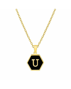 Simple Style Inlaid Shell Hexagon Letter Stainless Steel Pendant Necklace Colorza-Black-U