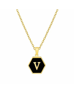Simple Style Inlaid Shell Hexagon Letter Stainless Steel Pendant Necklace Colorza-Black-V