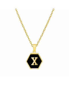 Simple Style Inlaid Shell Hexagon Letter Stainless Steel Pendant Necklace Colorza-Black-X