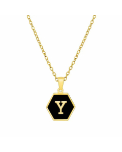 Simple Style Inlaid Shell Hexagon Letter Stainless Steel Pendant Necklace Colorza-Black-Y
