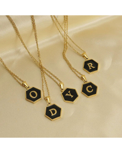 Simple Style Inlaid Shell Hexagon Letter Stainless Steel Pendant Necklace Colorza
