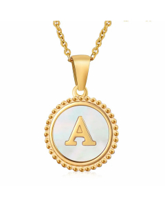 Simple Style Round Letter Inlay Shell Pendant Stainless Steel Necklace Colorza-White-A