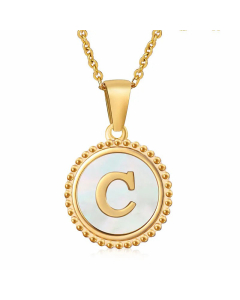 Simple Style Round Letter Inlay Shell Pendant Stainless Steel Necklace Colorza-White-C