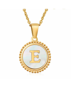Simple Style Round Letter Inlay Shell Pendant Stainless Steel Necklace Colorza-White-E