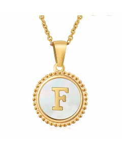 Simple Style Round Letter Inlay Shell Pendant Stainless Steel Necklace Colorza-White-F