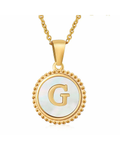 Simple Style Round Letter Inlay Shell Pendant Stainless Steel Necklace Colorza-White-G