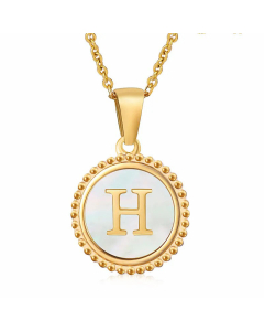 Simple Style Round Letter Inlay Shell Pendant Stainless Steel Necklace Colorza-White-H
