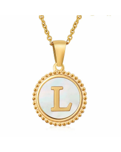 Simple Style Round Letter Inlay Shell Pendant Stainless Steel Necklace Colorza-White-L
